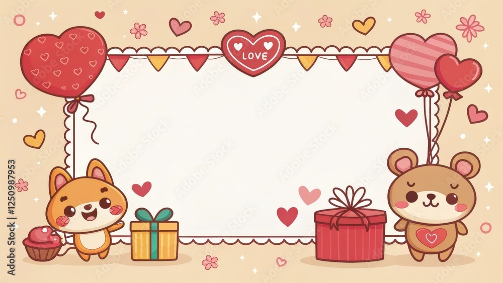 Fototapeta premium A cute cartoon baby bear celebrates with a pink heart on a fun baby shower invitation card