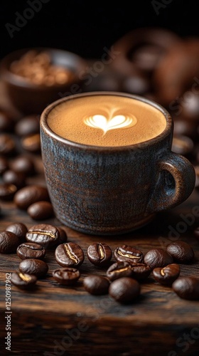 Dark Mocha Latte In Rustic Cup With Heart Pattern photo