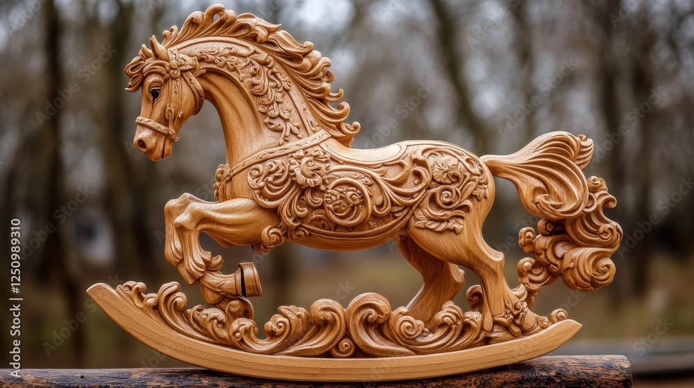 Fototapeta premium Discover timeless artistry with our exquisite wooden rocking horse, showcasing fine carved details and traditional craftsmanship This heirloom-quality piece evokes nostalgia and adds a touch of