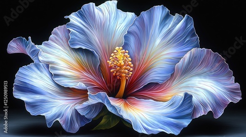 Elegant and detailed rendition of a blue hibiscus bloom against stark darkness