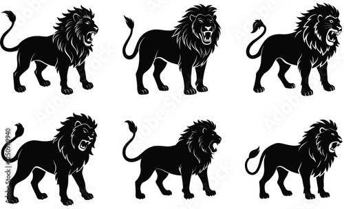 hungry lion vector silhouettes set icon