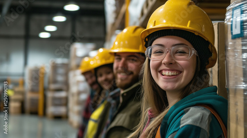 Wallpaper Mural Energetic group of construction workers in hard hats, smiling and showcasing teamwork in a warehouse setting. Torontodigital.ca