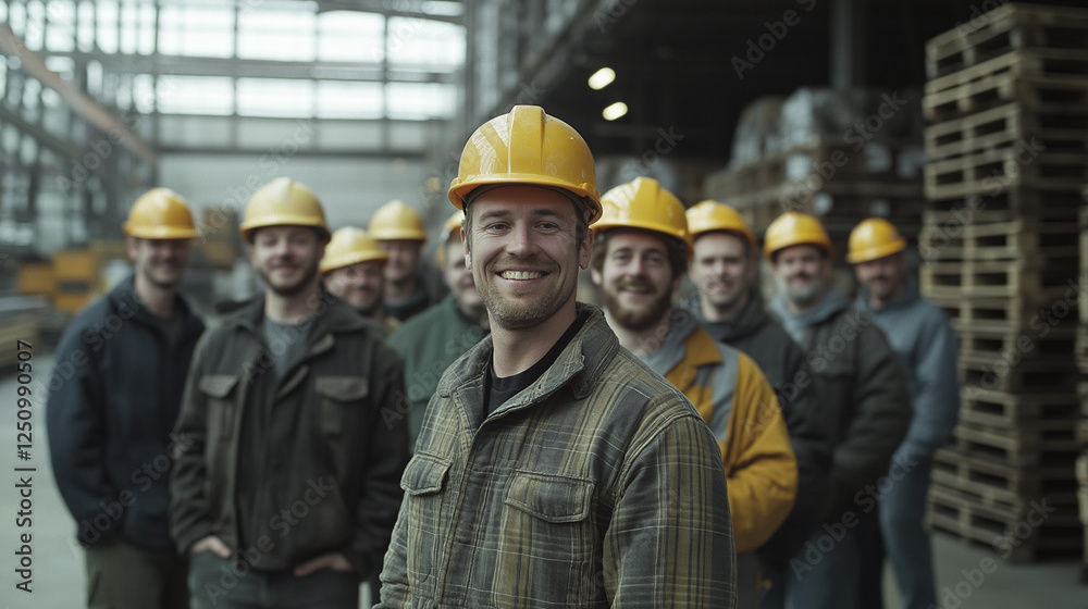 Smiling group of warehouse workers wearing hard hats, captured in a youthful, energetic style Smiling group of warehouse workers wearing hard hats, captured in a youthful, energetic style