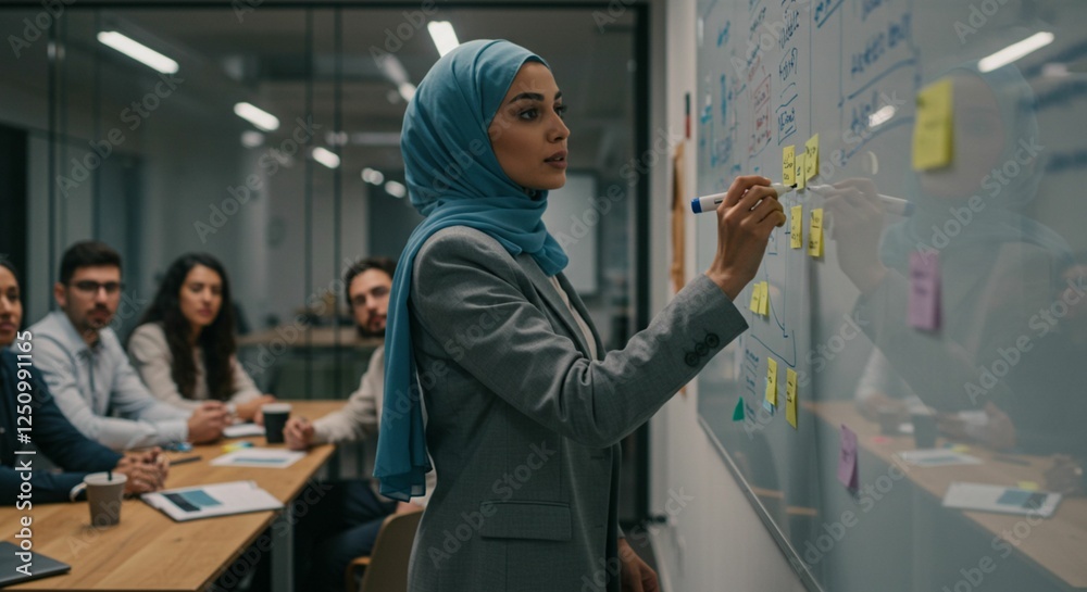 Obraz premium Muslim Businesswoman in Hijab Writing on Whiteboard in Meeting