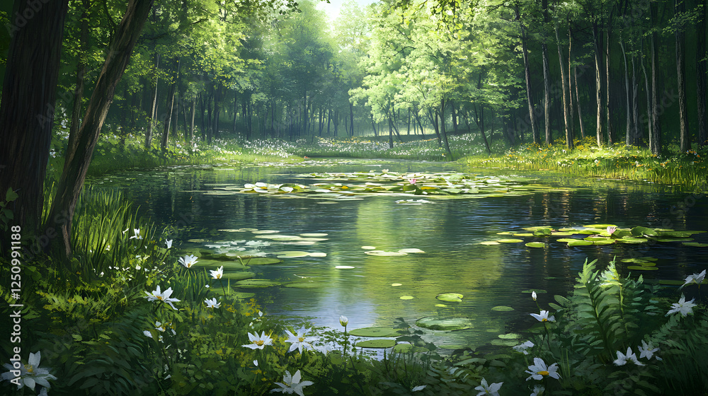 Obraz premium Serene Forest Pond with Water Lilies and Lush Greenery
