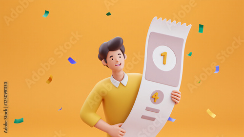 Happy Person Celebrating with Winning Raffle Ticket and Confetti
