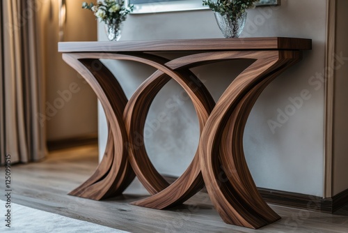 Elevate your home's entrance with this stunning unique wooden entryway table Showcasing sculptural asymmetrical legs and exquisite custom woodwork, this console table adds artistic flair to your