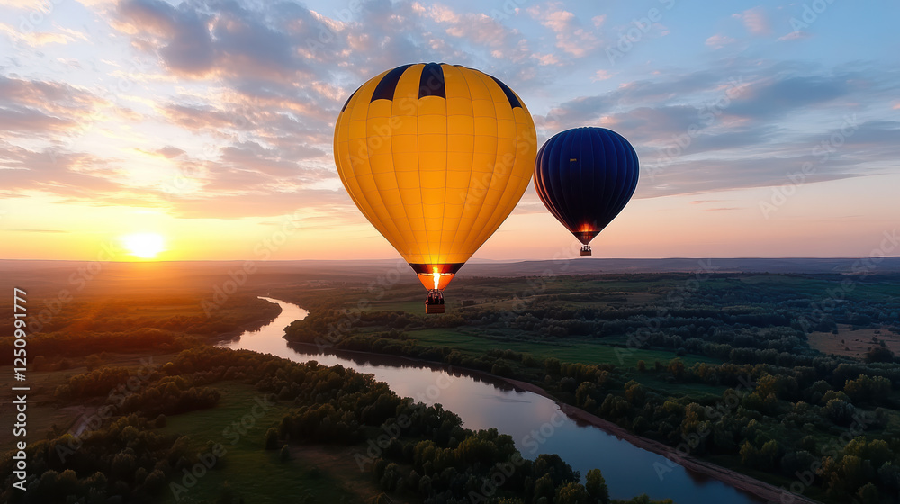 Aerial view of colorful hot air balloons at sunset over river Aerial view of colorful hot air balloons at sunset over river