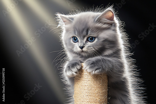  blue turkish angora cat on scratching post photo