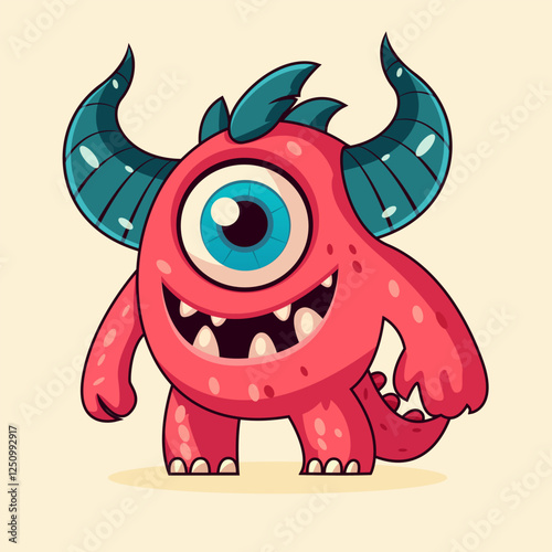 WThis is a cute, cartoon-style red monster with a single large blue eye, sharp teeth, and a big smile. It has two curved teal horns, small spikes on its head, and a short tail. The background is a seb