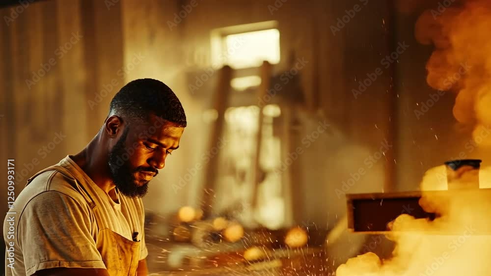 Black Artisan Glassblower Working in Glowing Workshop Black Artisan Glassblower Working in Glowing Workshop