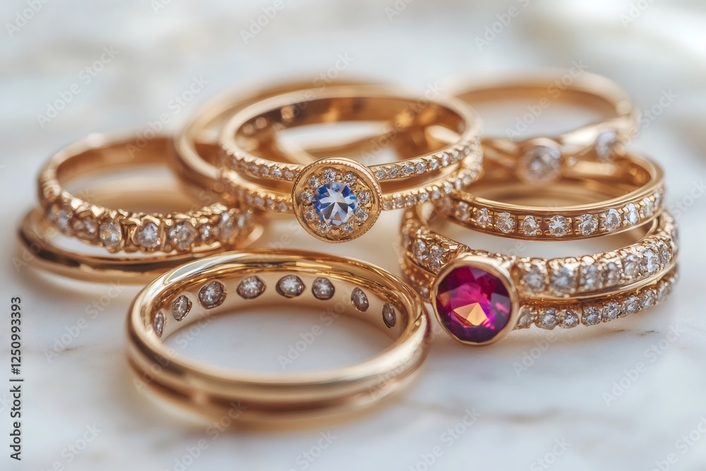 Gold rings with diamonds and gemstones shining on marble surface Gold rings with diamonds and gemstones shining on marble surface