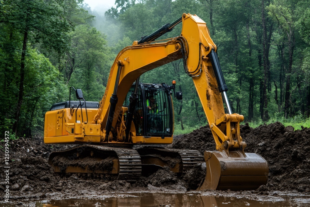 Yellow excavator digging in a muddy forest area Yellow excavator digging in a muddy forest area