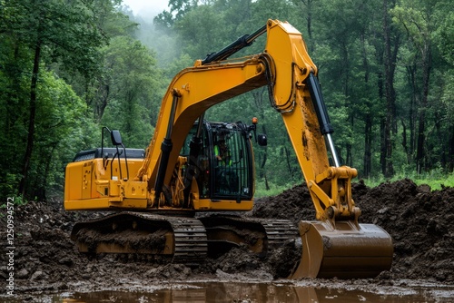 Yellow excavator digging in a muddy forest area photo