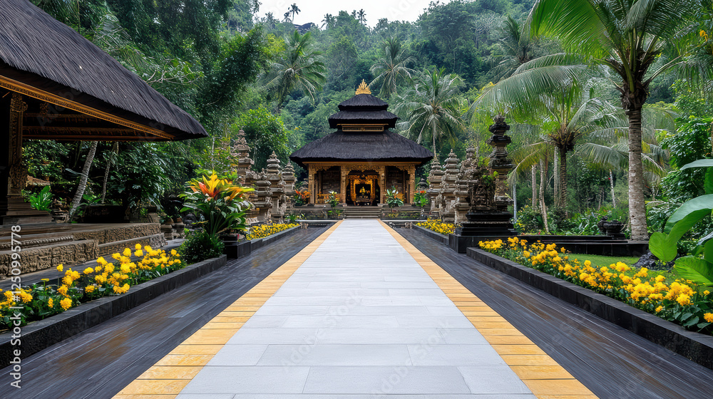 Fototapeta premium serene Balinese temple surrounded by lush greenery and vibrant flowers