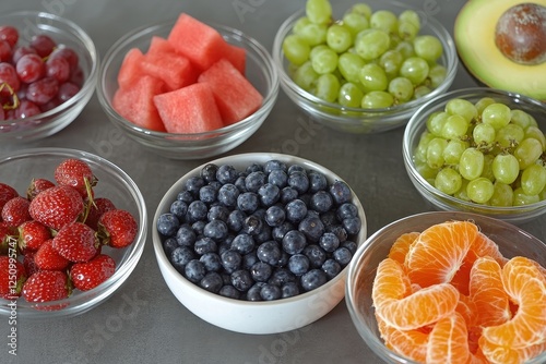 Fresh fruit assortment in small glass bowls on gray surface.