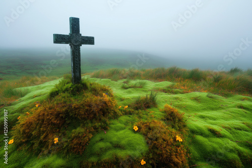 Ein uralter Kreuzstein umgeben von Blumen in nebliger Landschaft

 photo