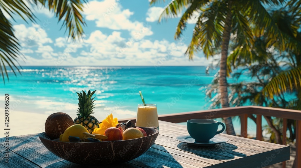 Obraz premium A breakfast table set on a balcony overlooking a tropical beach. The table features a bowl of fresh fruit (pineapple, mango, and papaya), a smoothie in a coconut shell, and a cup of coffee