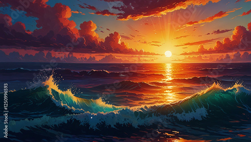 Beautiful Sunset Over the Ocean, Painting the Sky with Bright Colors