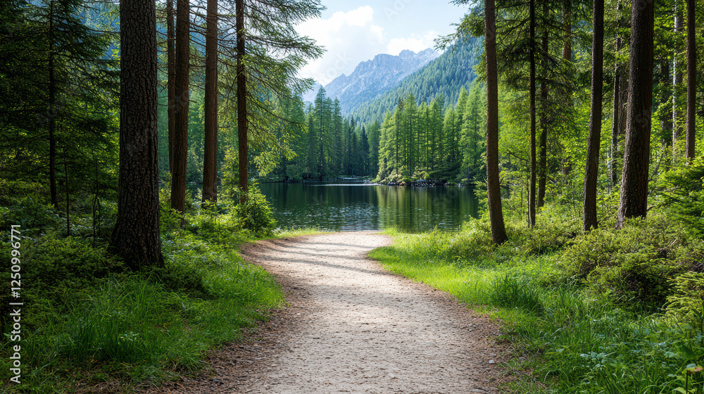 Fototapeta premium serene forest path leads to tranquil lake surrounded by mountains