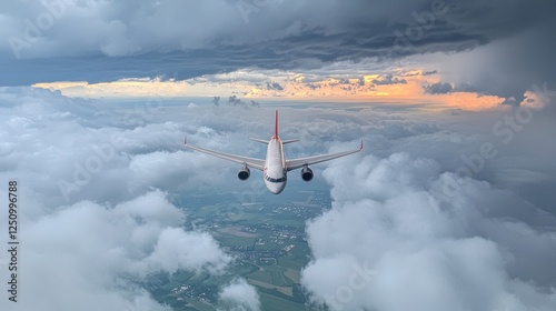 White passenger airliner plane flying over the clouds, with a view of a countryside, green fields, farmland below, captured from above. Dark, stormy skies with cumulus clouds. Aircraft during Dusk.