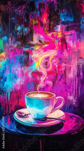 Neon Glowing Coffee Cup with Vibrant Steam Art