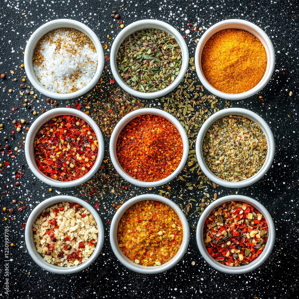 Nine small bowls of assorted spices and herbs. Nine small bowls of assorted spices and herbs.