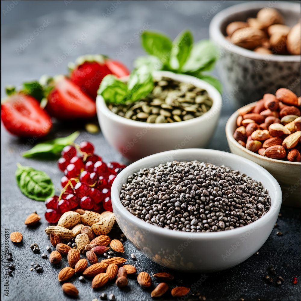 Healthy seeds, nuts, berries, and fruits. Healthy seeds, nuts, berries, and fruits.