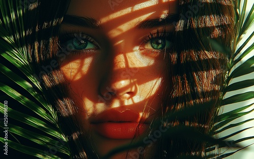 Woman's face, sunlight through palm leaves, close up, beauty