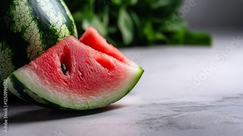 A Refreshing Slice of Watermelon Perfectly Displayed on a Marble Surface with Greenery photo