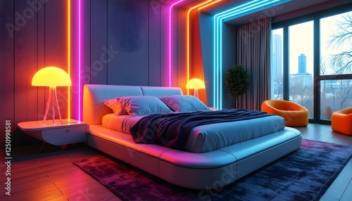 Neon Bedroom Interior Design  Modern Bed  Nightlights