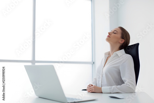 Modern simplicity, simple office scene, businesswoman take a break and deep breath in front of laptop, minimalist, 300dpi, 3d, empty copy space