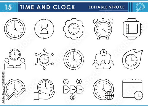 A set of line icons related to Time and Clock. Time, watch, meeting, alarm, management, world, calendar, and so on. Vector editable stroke.