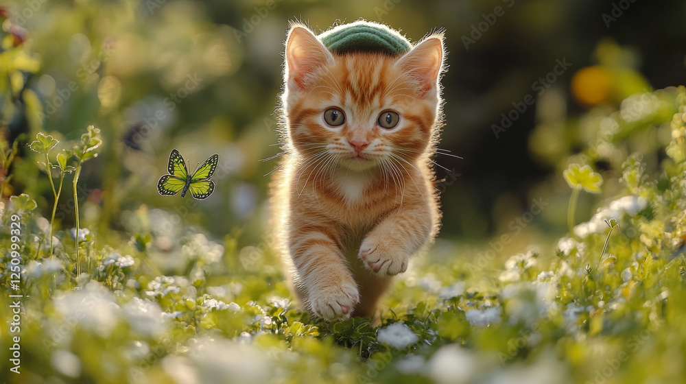 Red-haired kitten in a green hat enjoying St. Patrick's Day festivities in a blooming garden Red-haired kitten in a green hat enjoying St. Patrick's Day festivities in a blooming garden