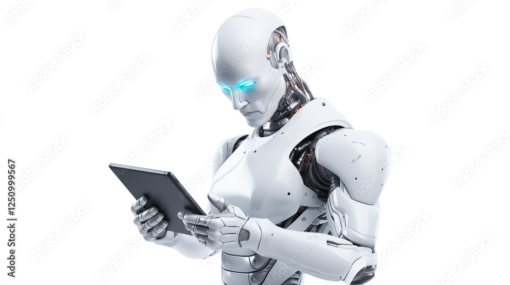 Naklejka premium Advanced Robotic Technology Futuristic AI Using a Tablet Computer Digital Transformation Innovation Artificial Intelligence and Modern Technology Concept