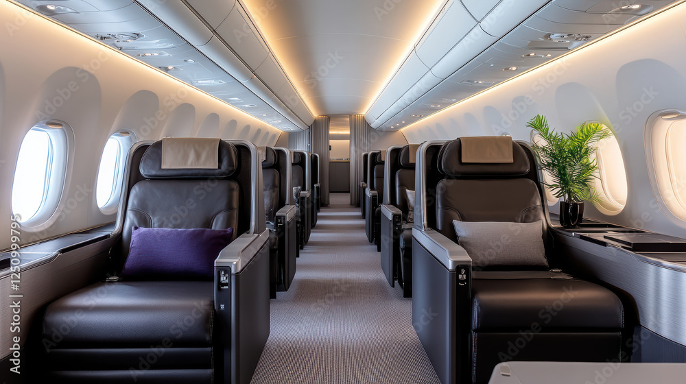 Luxurious first class airplane cabin with plush leather seats and modern design Luxurious first class airplane cabin with plush leather seats and modern design