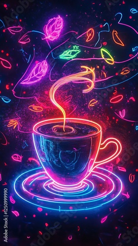 Neon Glowing Coffee Cup with Vibrant Steam Art