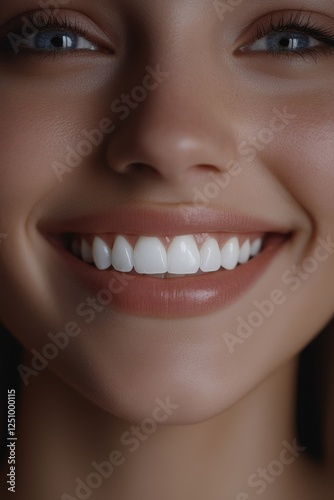 Close-up image highlighting a woman's bright smile and perfect white teeth, symbolizing dental health and happiness.