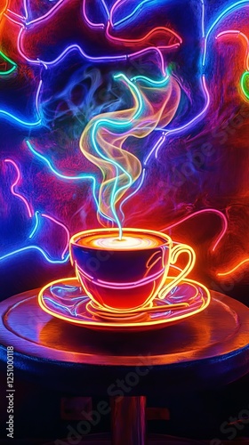 Neon Glowing Coffee Cup with Vibrant Steam Art