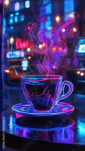 Neon Glowing Coffee Cup with Vibrant Steam Art