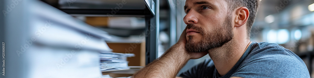 Obraz premium Man Contemplating near Stacks of Documents