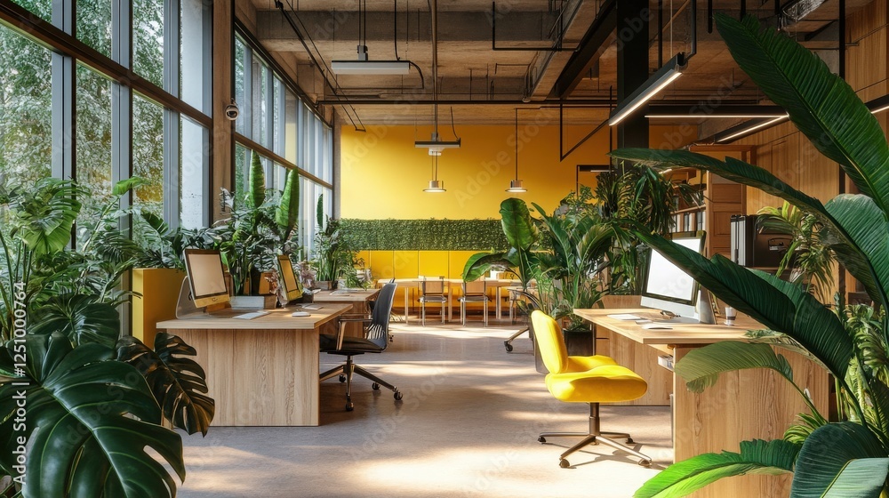 Fototapeta premium A modern coworking space with vibrant green plants, wooden desks, and accents of mustard yellow and coral