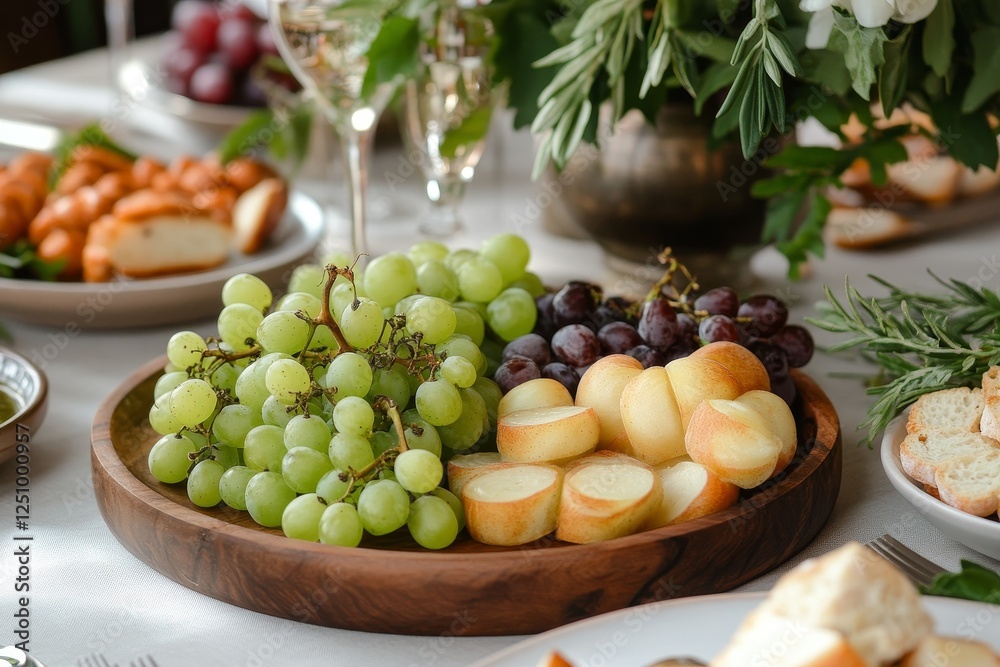A beautifully arranged platter with fresh grapes and cheese, set among greenery and olives for an elegant dining experience. A beautifully arranged platter with fresh grapes and cheese, set among greenery and olives for an elegant dining experience.