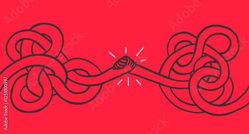 Cartoon funky twisted long handshake in groovy flat style. Abstract art composition for communication. Vector illustration.