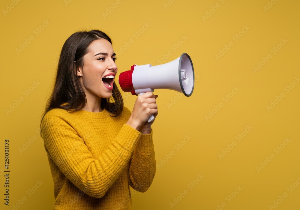 Young blonde woman is shouting into a megaphone. Vibrant energy and communication concepts for various advertising, activism, and leadership uses. Young blonde woman is shouting into a megaphone. Vibrant energy and communication concepts for various advertising, activism, and leadership uses.