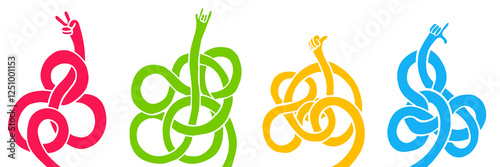 Cartoon abstract long hands with different gestures in groovy vivid style. Funky hand draw art elements. Vector creative illustration.