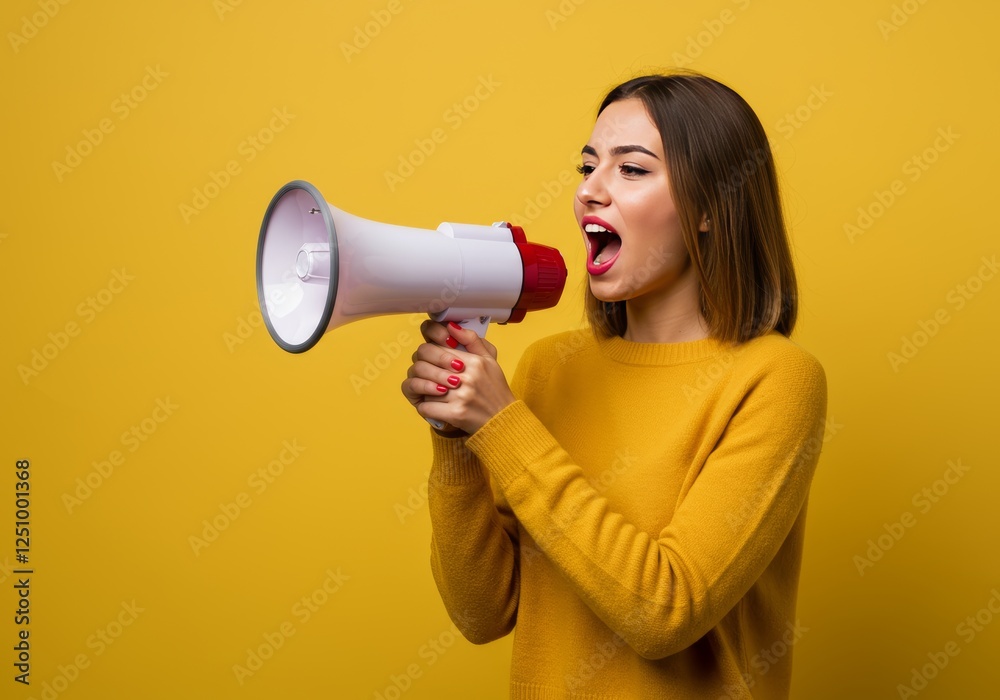 Young blonde woman is shouting into a megaphone. Vibrant energy and communication concepts for various advertising, activism, and leadership uses. Young blonde woman is shouting into a megaphone. Vibrant energy and communication concepts for various advertising, activism, and leadership uses.