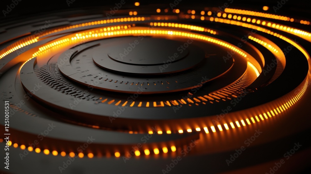 Abstract dark metallic circular platform with glowing orange lights. Abstract dark metallic circular platform with glowing orange lights.