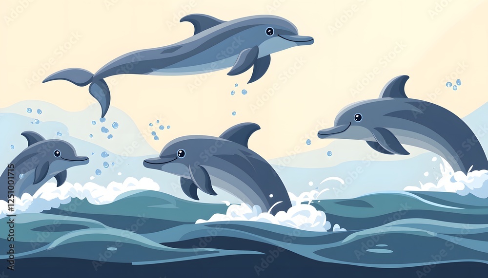 Playful Dolphins Leap and Swim in Ocean Waves Playful Dolphins Leap and Swim in Ocean Waves