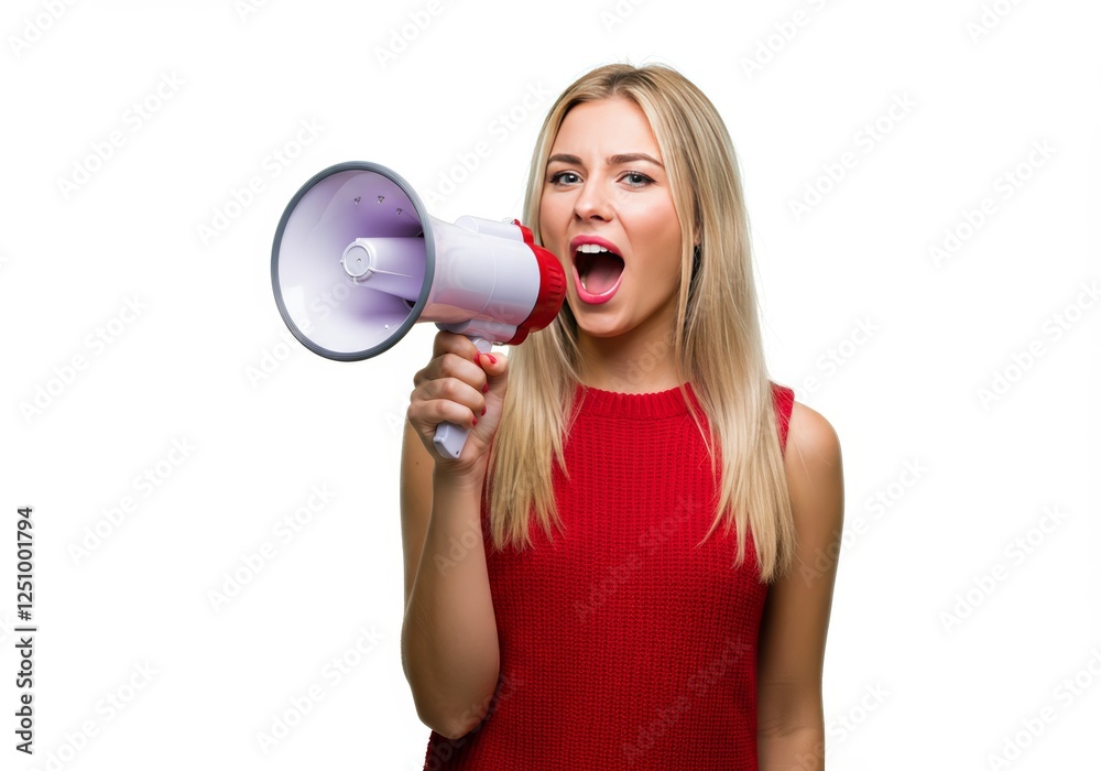 Young blonde woman is shouting into a megaphone. Vibrant energy and communication concepts for various advertising, activism, and leadership uses. Young blonde woman is shouting into a megaphone. Vibrant energy and communication concepts for various advertising, activism, and leadership uses.